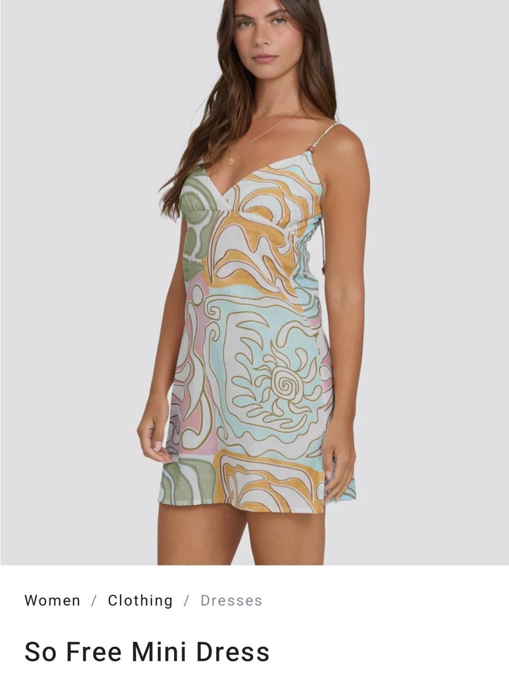 Billabong So Free- Olive Green & Pastel Printed Spaghetti-Strap Mini Dress